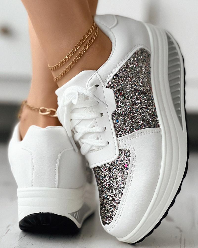 

Colorblock Glitter Lace-up Wedge Sneakers, White