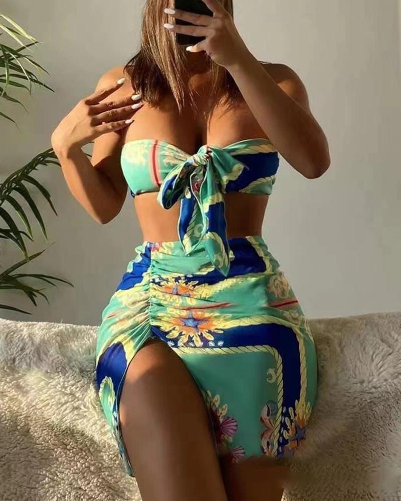

4PCS Scarf Print Tied Detail Bandeau Bikini Set With Cover Up, Green