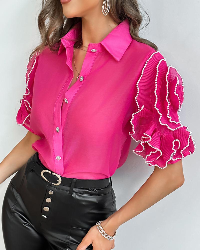 

Rose Detail Buttoned Frill Hem Half Sleeve Top, Hot pink