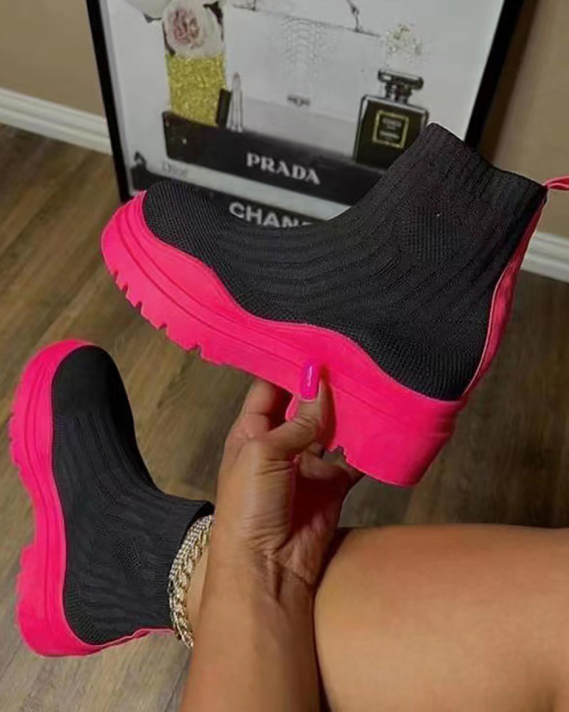 

Platform Round Toe Knit Boots, Hot pink