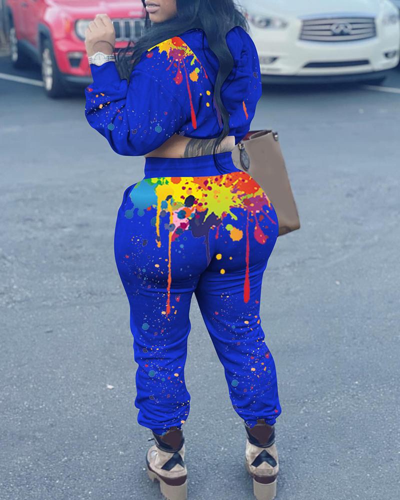 

Ink Splash Print Hooded Top & Pants Set, Blue