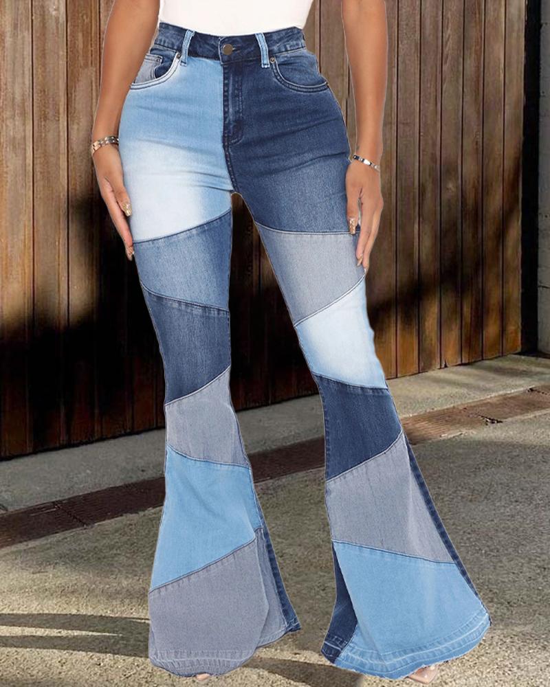 

Colorblock Patchwork Flared Leg Jeans, Blue