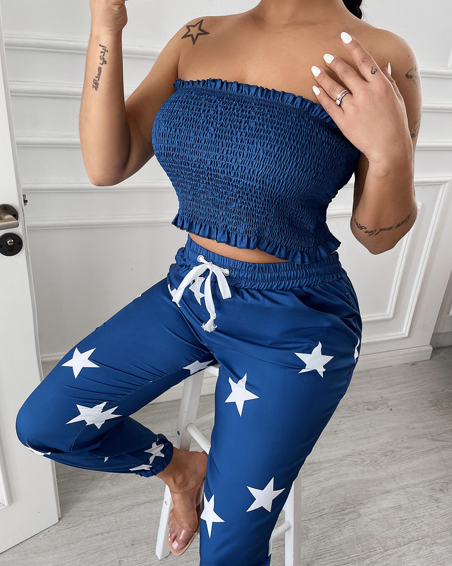 

Bandeau Shirred Top & Star Print Drawstring Pants Set, Blue