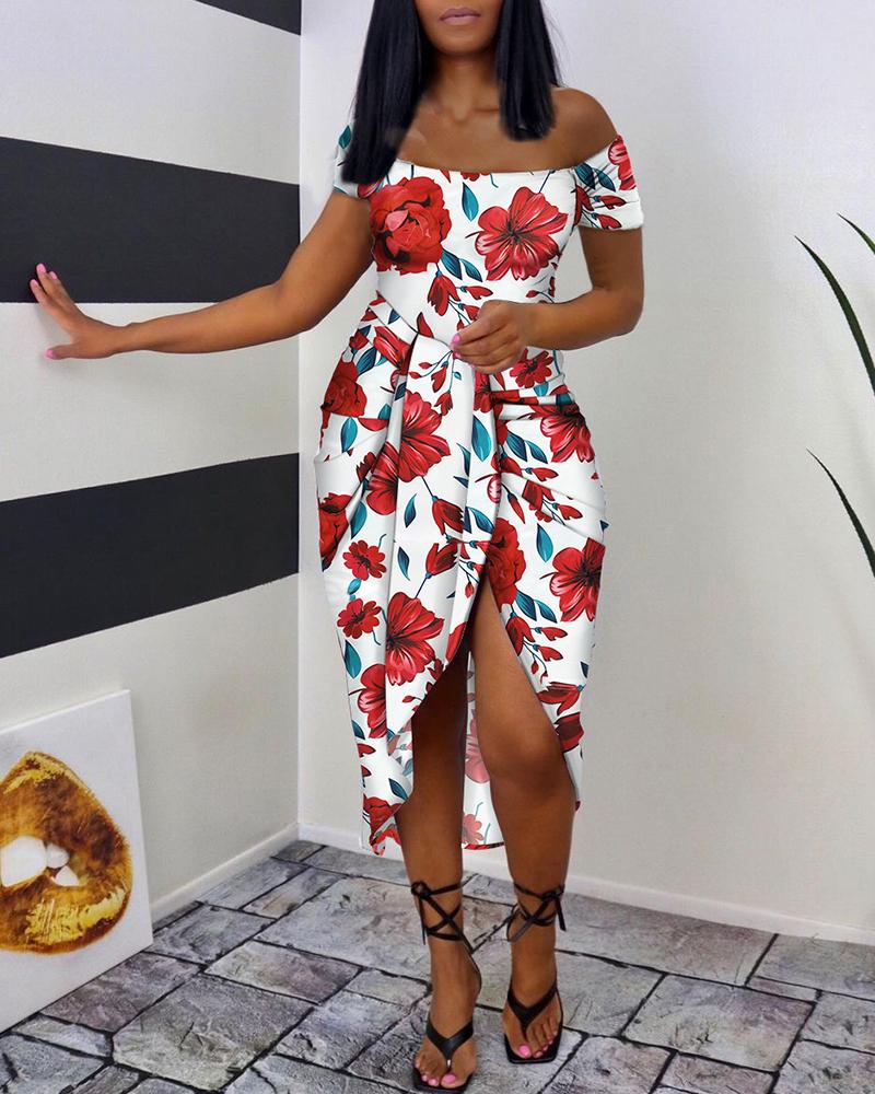 

Floral Print Ruched Dip Hem Dress, White