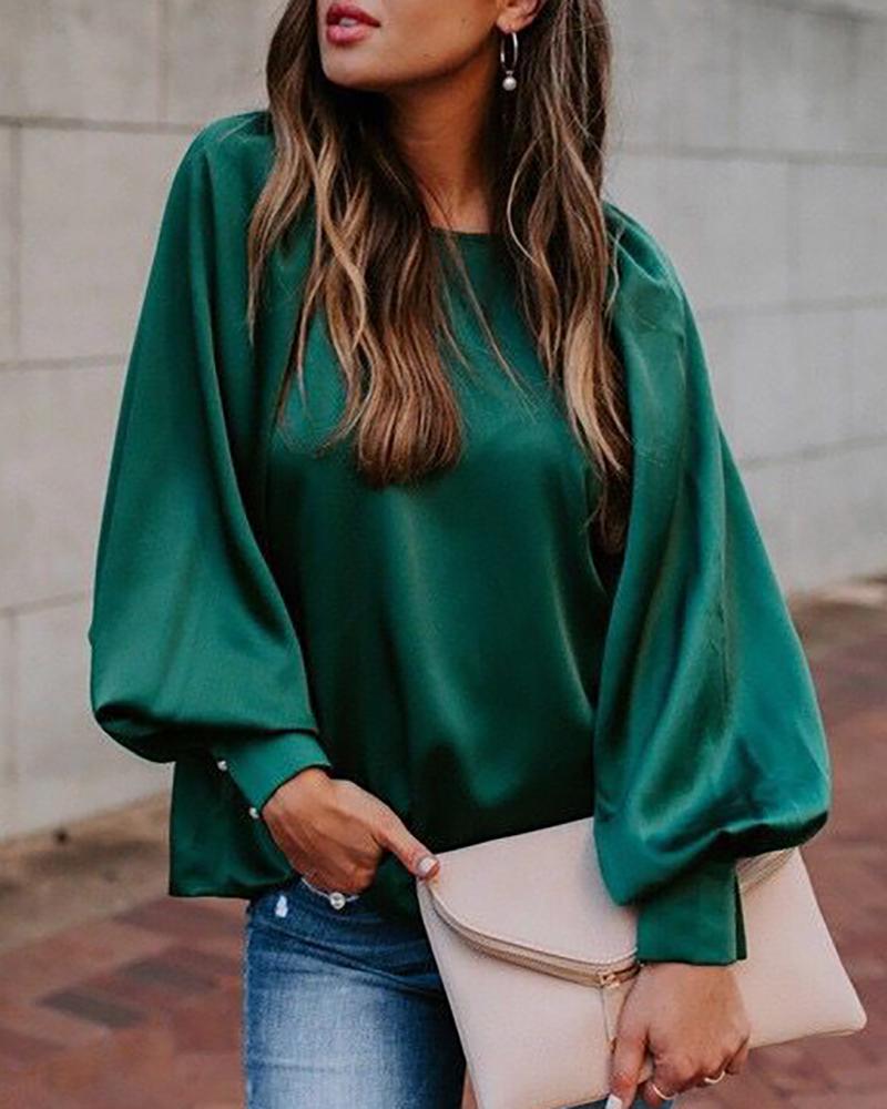 

Solid Lantern Sleeve Popper Sleeve Blouse, Green