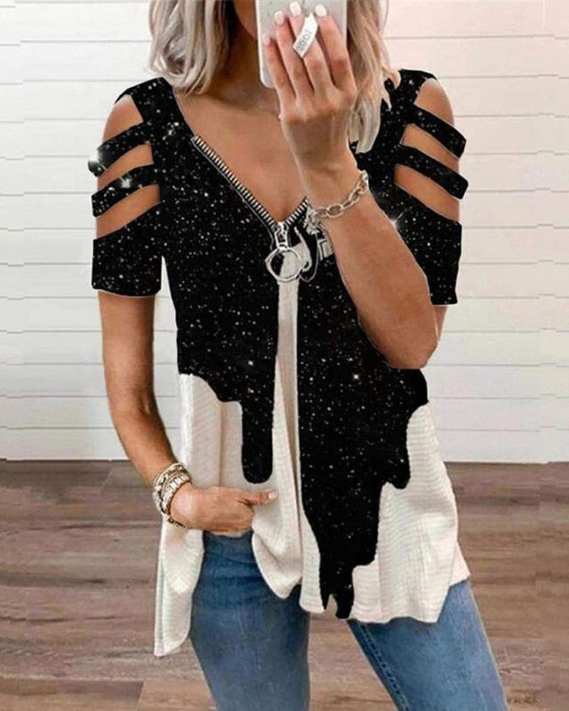 

Feather Floral Print Zip Front Cold Shoulder Top, Style3