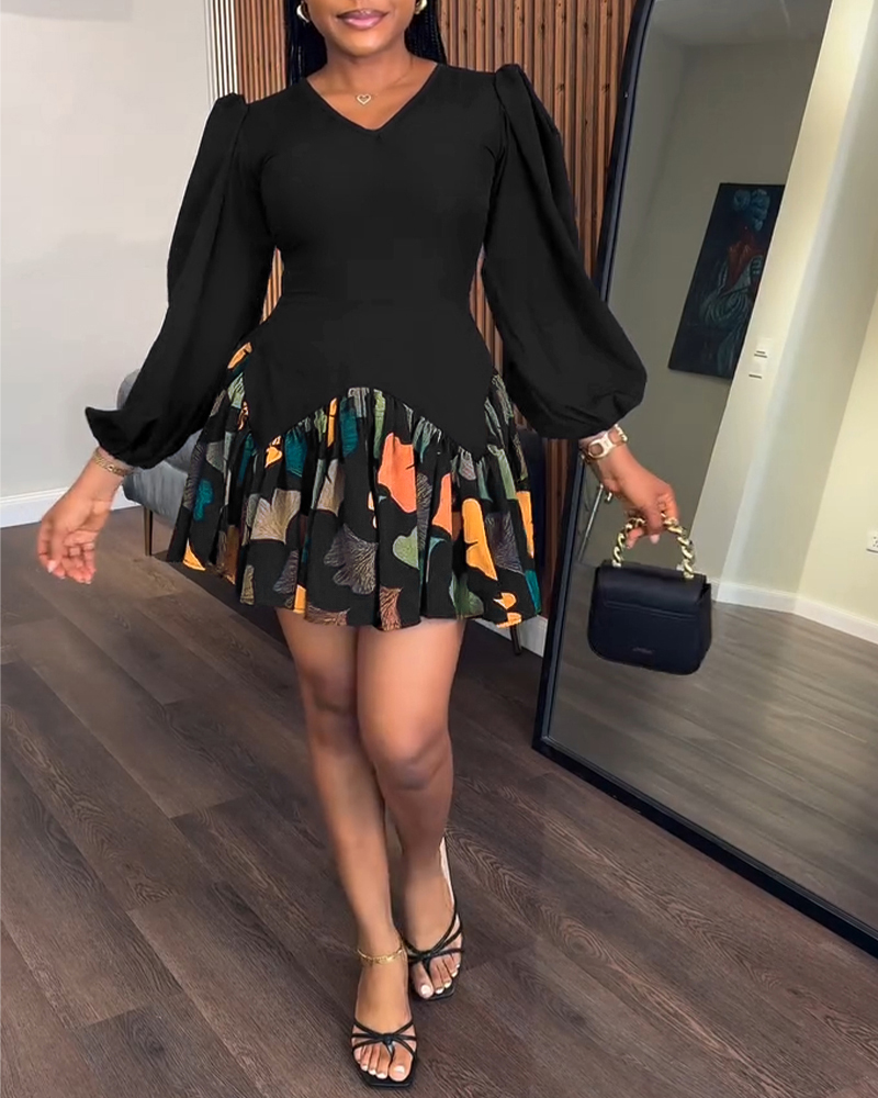 

Multi-color Leaves Print Patchwork V-Neck Puff Sleeve Peplum Hem A Line Dress, Black