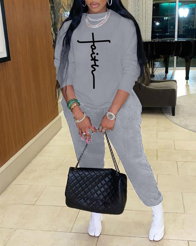 

Letter Print Long Sleeve Top & High Waist Pants Set, Gray