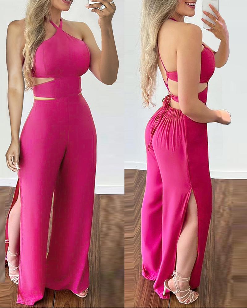 

Criss Cross Backless Split Hem Halter Jumpsuit, Hot pink