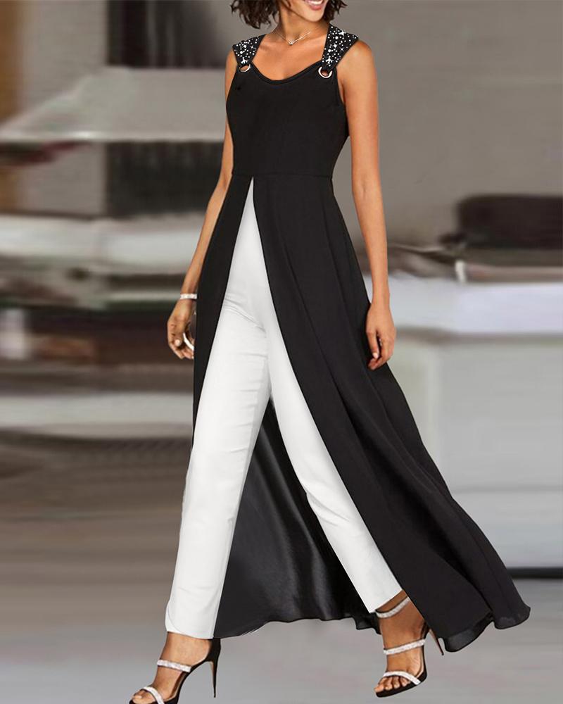 

Rhinestone Colorblock Patchwork Asymmetrical Ruched Jumpsuit, Blackwhite