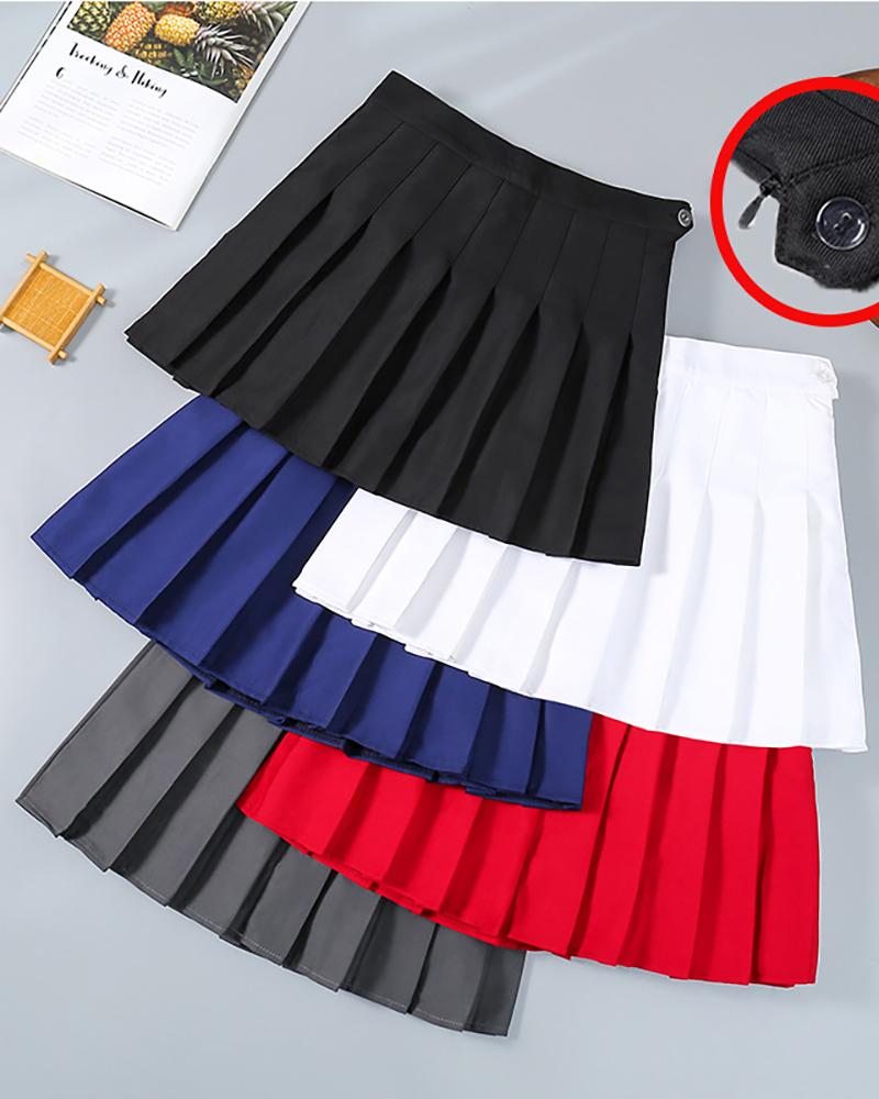 

Buttoned High Waist Pleated Skirt, Black