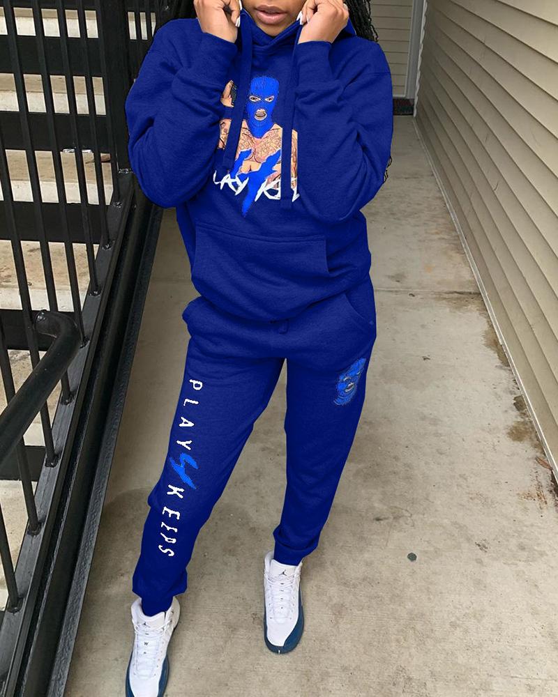 

Letter Figure Print Hooded Top & Pockets Pants Set, Dark blue