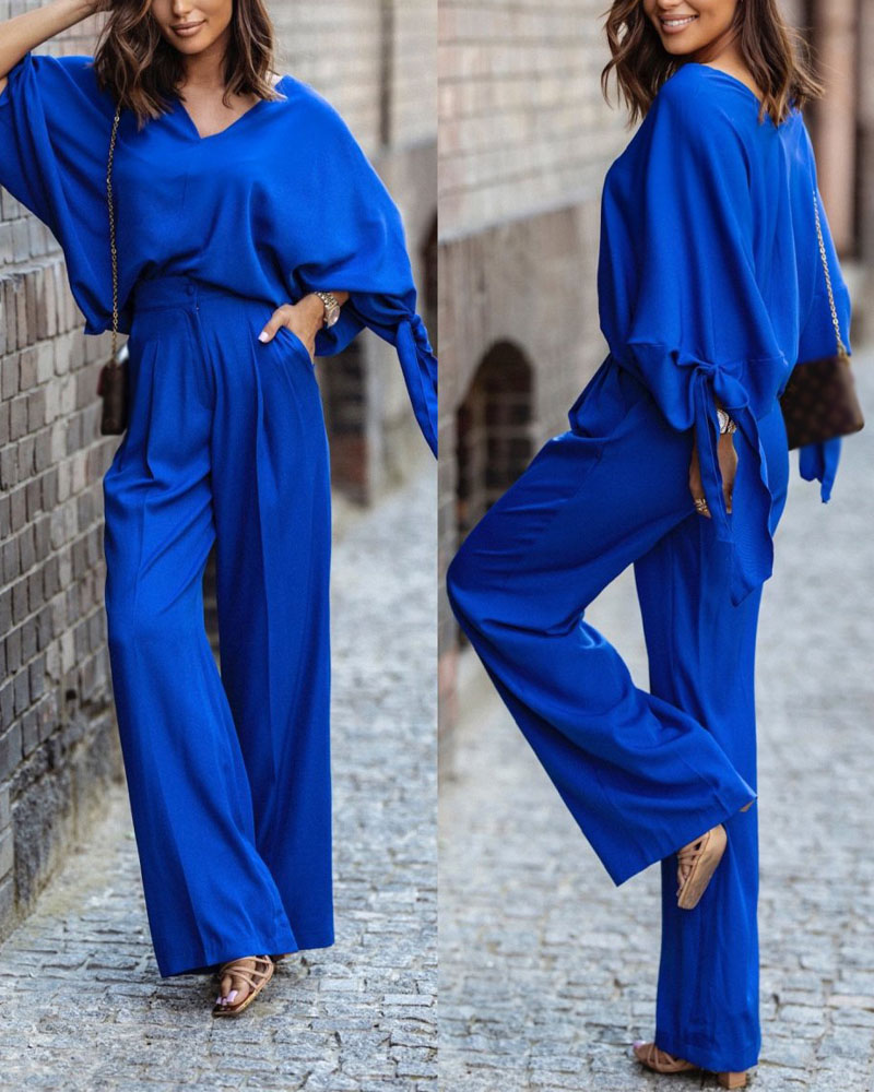 

Tied Detail Batwing Sleeve Top & High Waist Pants Set, Blue