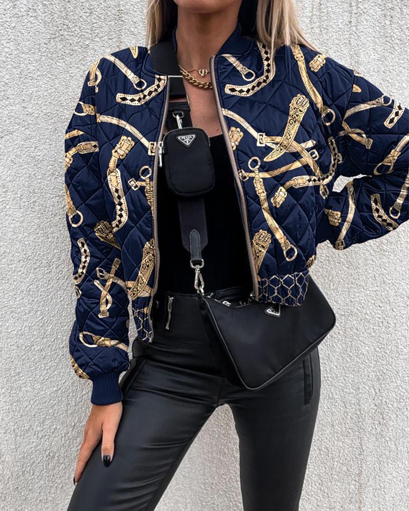 

Scarf Print Zip Up Quilted Puffer Jacket, Dark blue