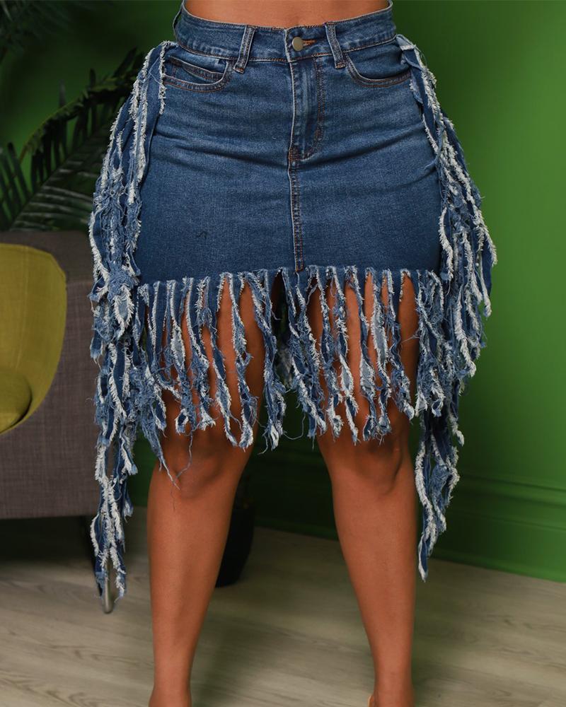 

Zipper Fly Fringe Trim Denim Skirt, Dark blue