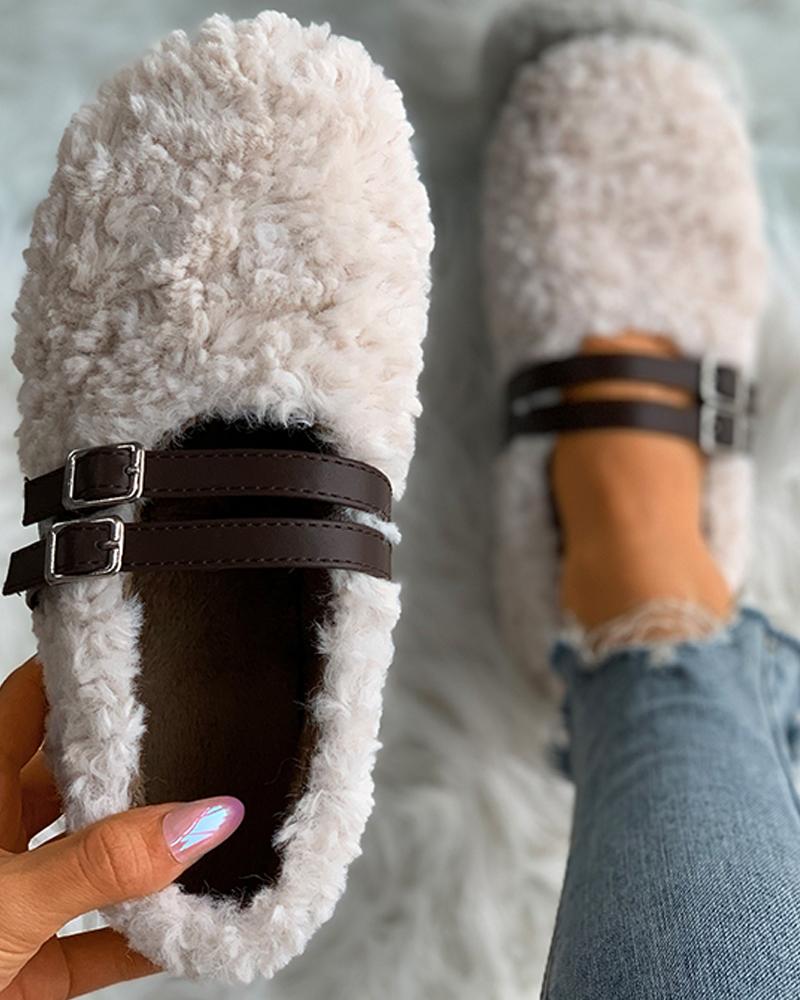 

Double Strap Buckled Fluffy Shoes, Beige