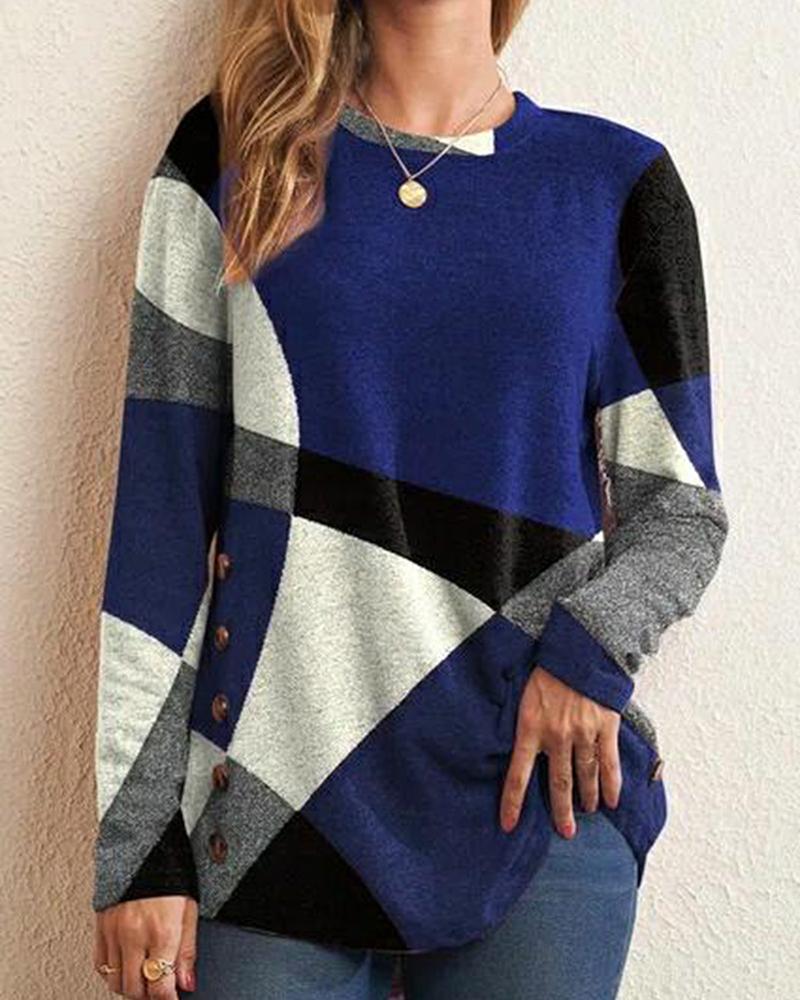 

Colorblock Buttoned Long Sleeve Top, Blue