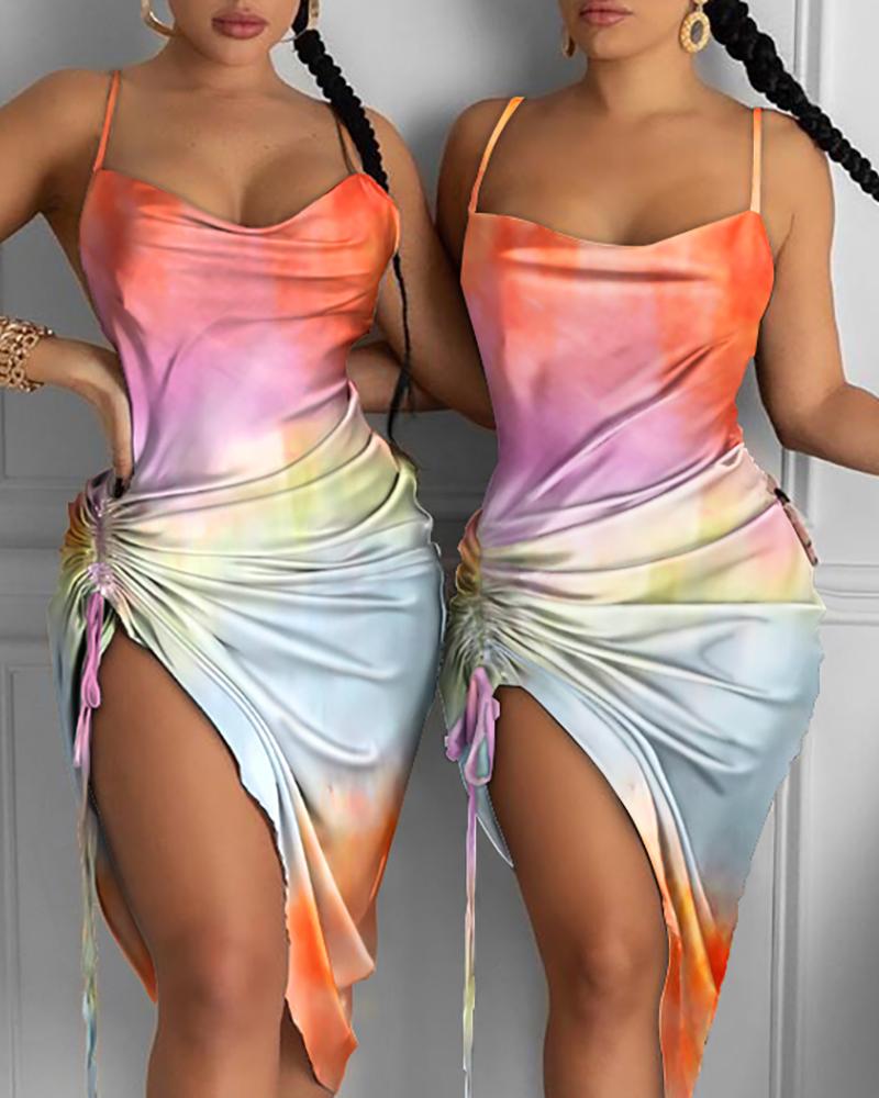 

Tie Dye Print Drawstring Ruched Party Dress, Multicolor