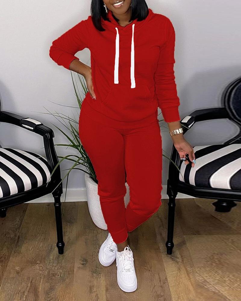 

Long Sleeve Drawstring Hoodie & Pants Set, Red