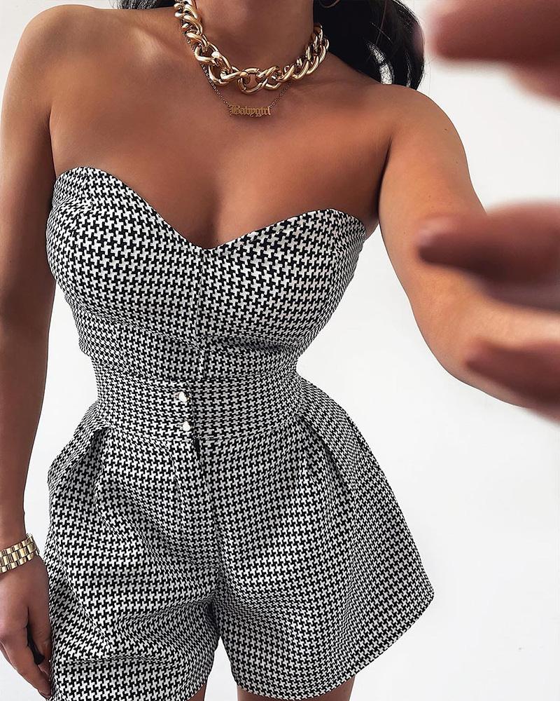 

Plaid Print Bandeau Sleeveless Romper, Black