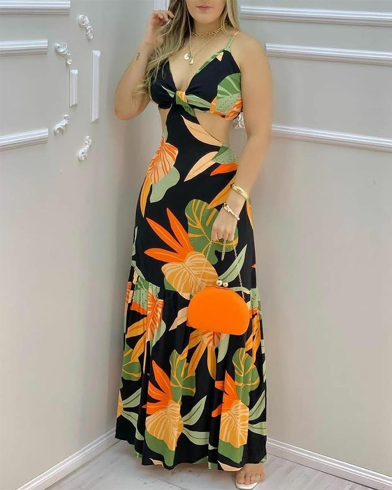 

Floral Print Sleeveless Cut-out Pleated Hem Dress, Multicolor
