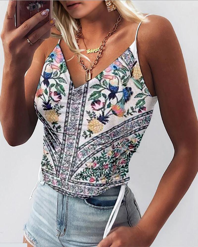 

Floral Print Spaghetti Strap Drawstring Top, White