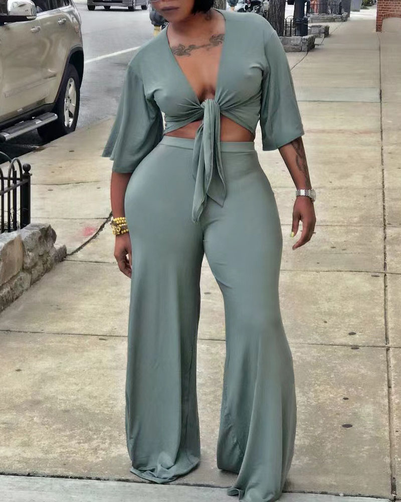 

Tied Detail Crop Top & Wide Leg Pants Set, Green