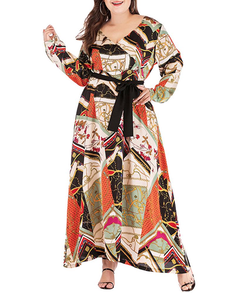 

Plus Size Tied Detail Scarf Print Long Sleeve Maxi Dress, Multicolor