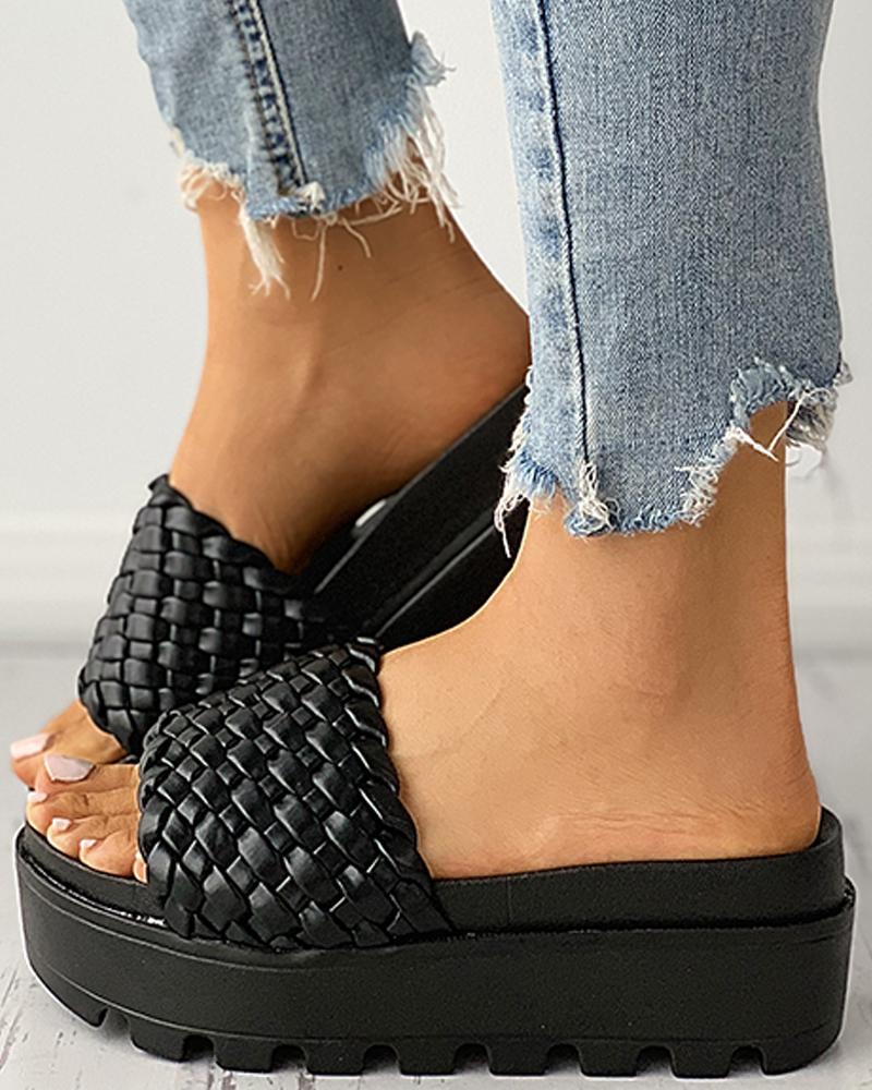 

Braided Open Toe Platform Slippers, Black