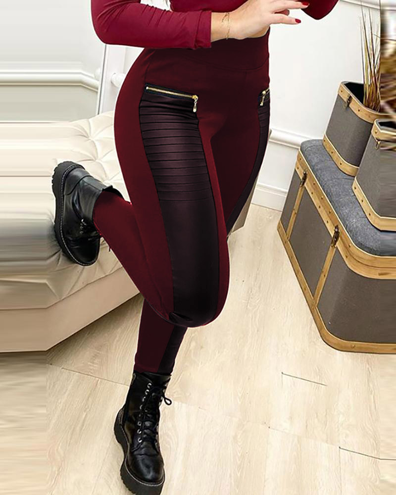 

PU Leather Contrast Zipper Design High Waist Skinny Pants, Wine red