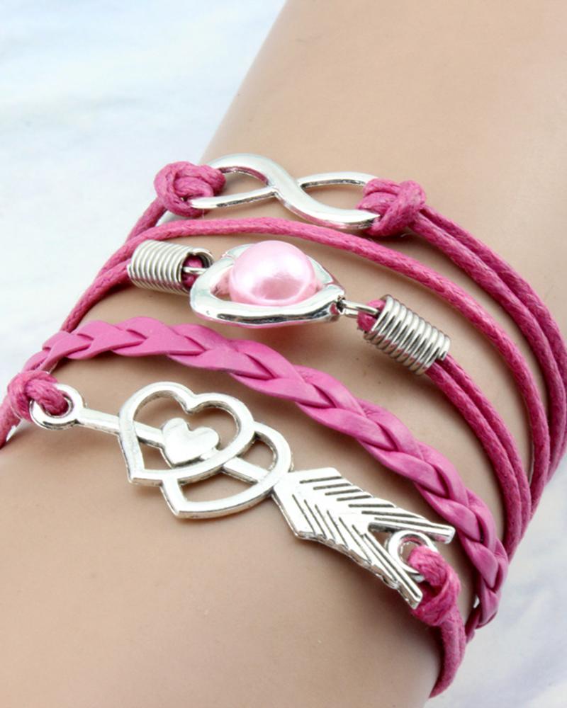 

1pc Double Heart Pearl Decor Multi-Layer Braided Leather Bracelet, Hot pink