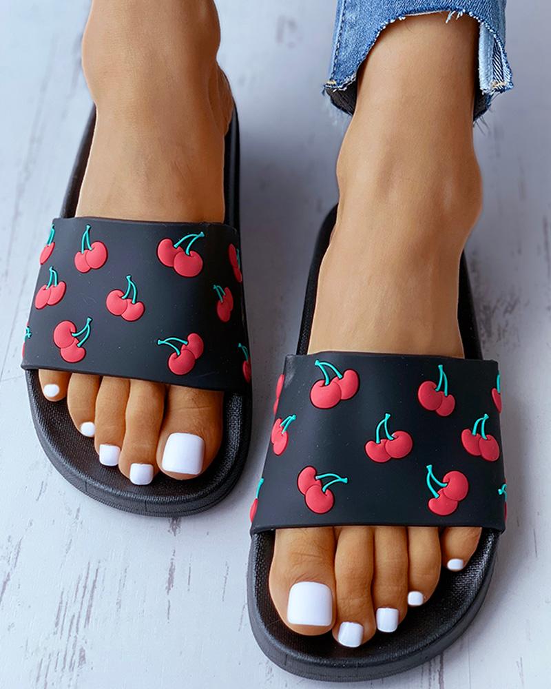 

Cherry Print Open Toe Flat Sandals, Black
