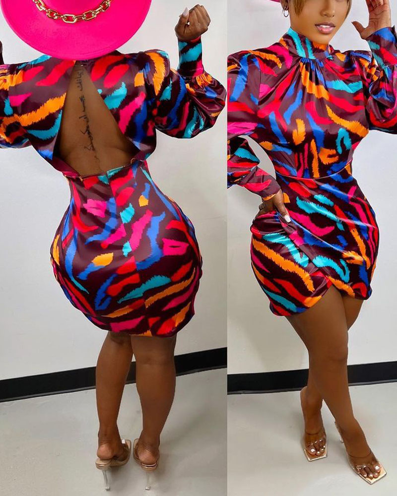 

Abstract Print Long Sleeve Backless Bodycon Dress, Multicolor