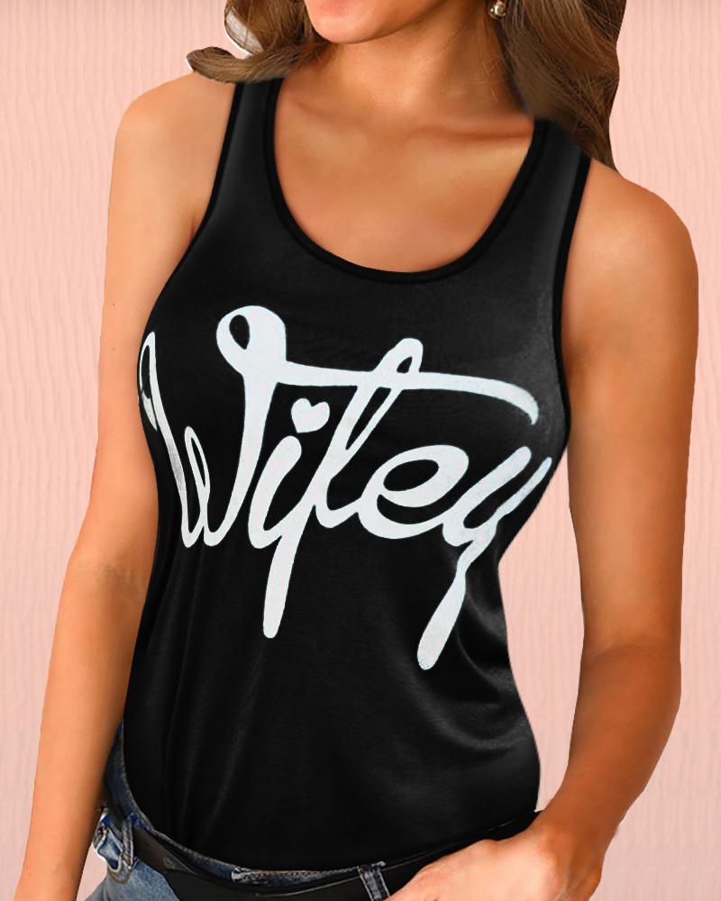 

Letter Print Sleeveless Tank Top, Black