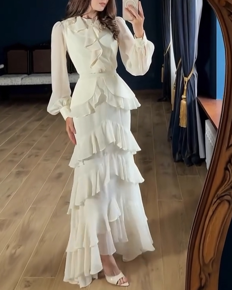 

Vestido largo de noche de gasa con volantes, cuello redondo, mangas farol, botones de diamantes de imitación, cierre en la espalda, dobladillo con volantes en capas y cinturón, estilo francés, Apricot