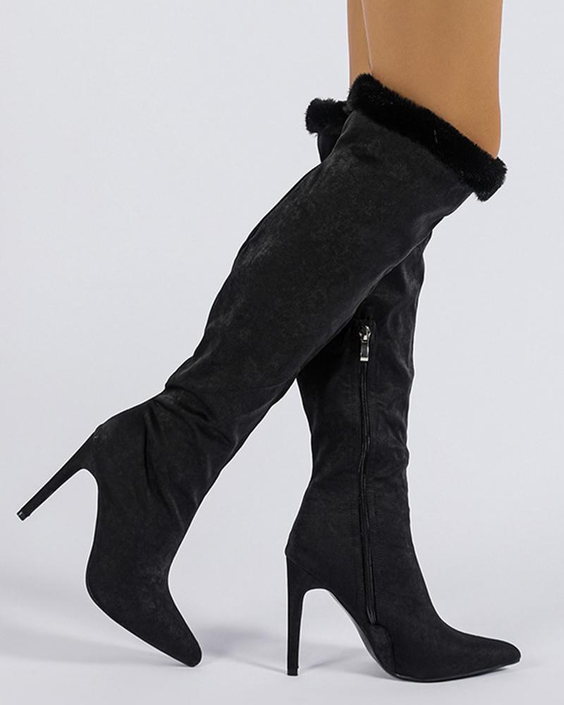 

Side Zipper Fuzzy Trim Knee-high Boots, Black