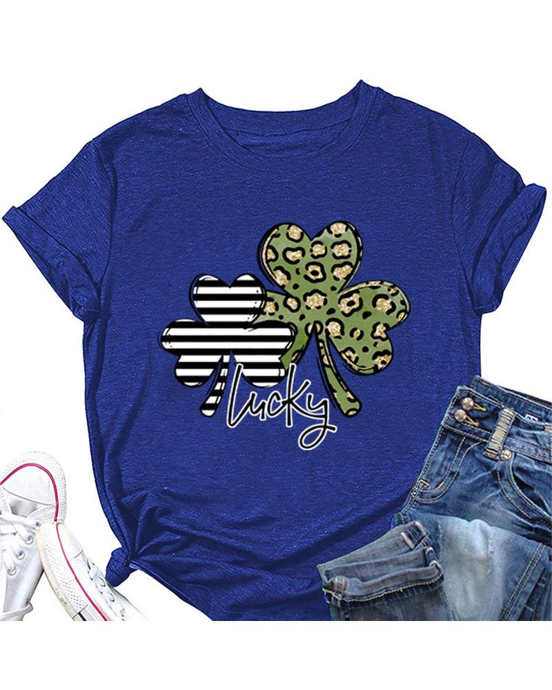 

St. Patrick' Day Letter Clover Print Casual T-shirt, Blue