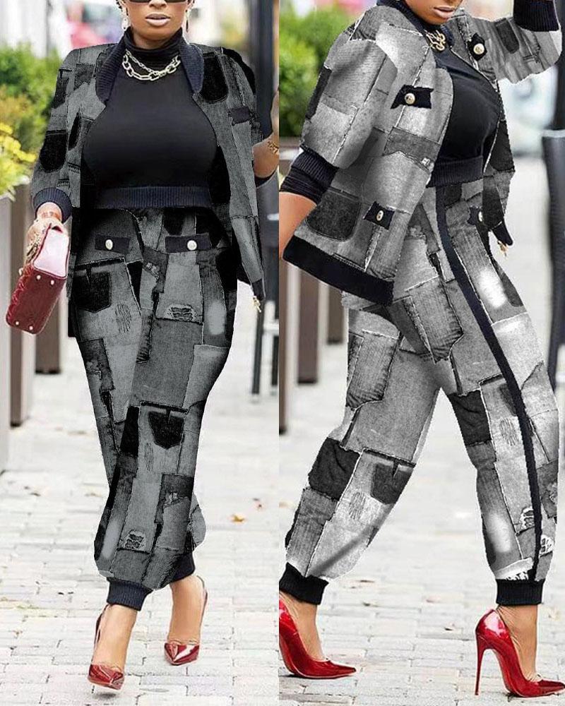 

Plus Size Denim Look Print Zip Up Coat & Cuffed Pants Set, Gray