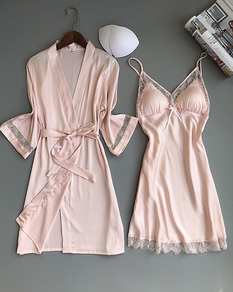 

Lace Patch Satin Sleep Dress With Robe, Pink