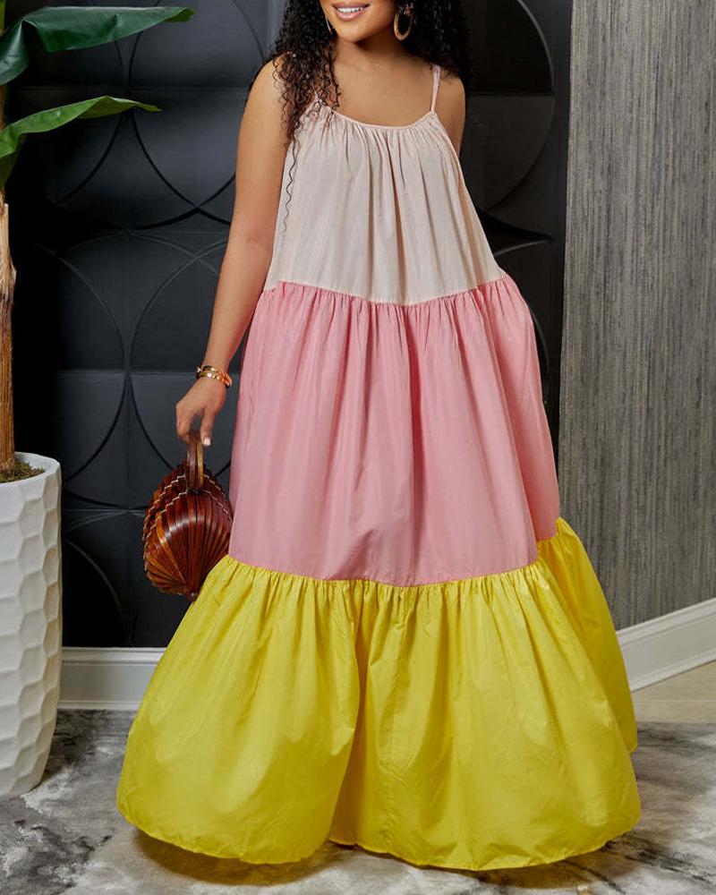 

Colorblock Spaghetti Strap Maxi Swing Dress, Yellow