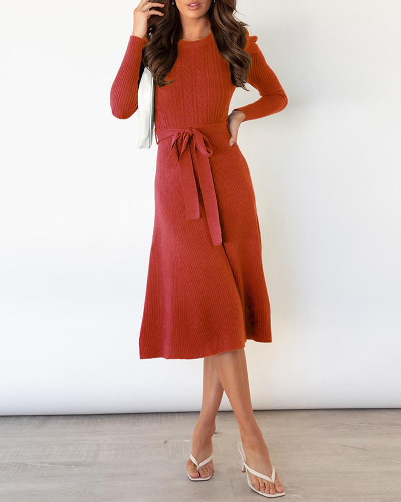 

Braided Knit Puff Sleeve Tied Detail Casual Dress, Red