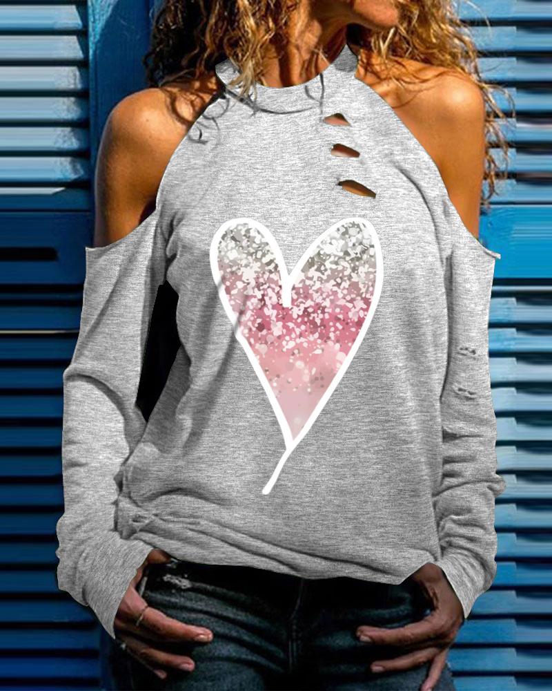 

Valentine' Day Heart Print Cold Shoulder Top, Gray