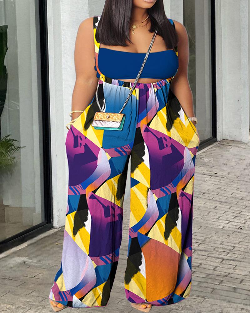 

Plus Size Bandeau Crop Top & Abstract Geometric Print Suspender Jumpsuit Set, Purple