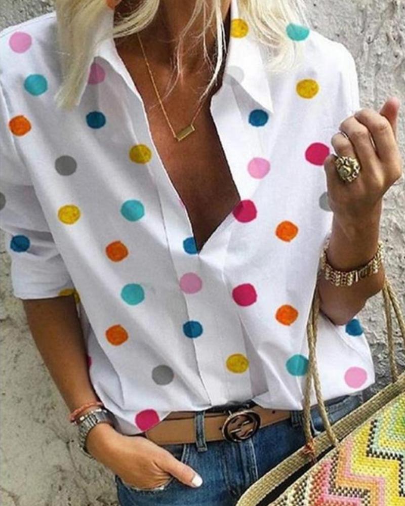 

Multicolor Dot Long Sleeve Button-up Blouse, White