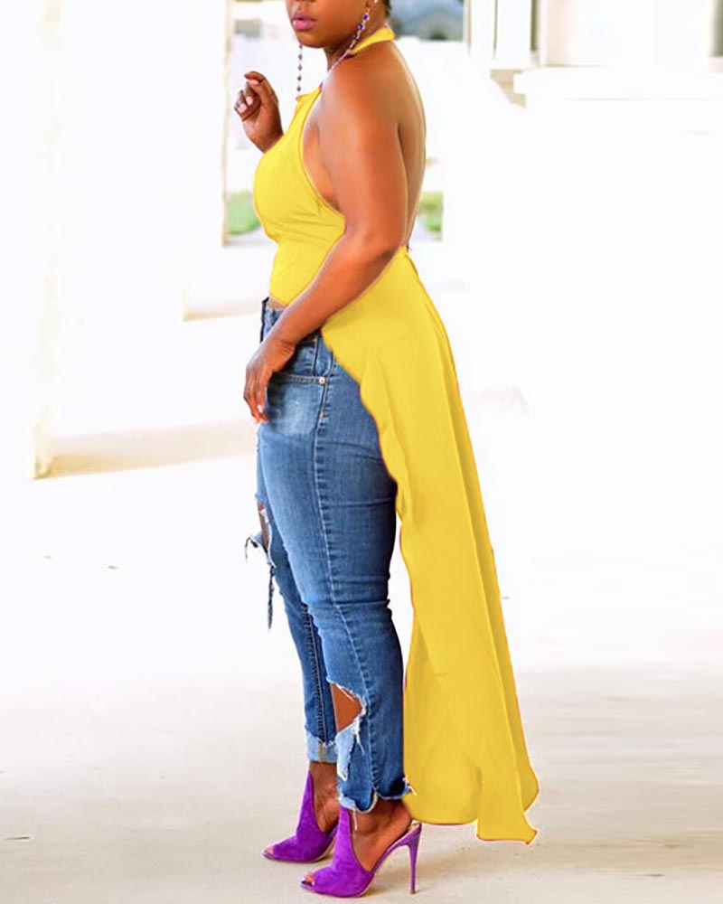 

Sexy Halter Backless Dip Hem Top, Yellow
