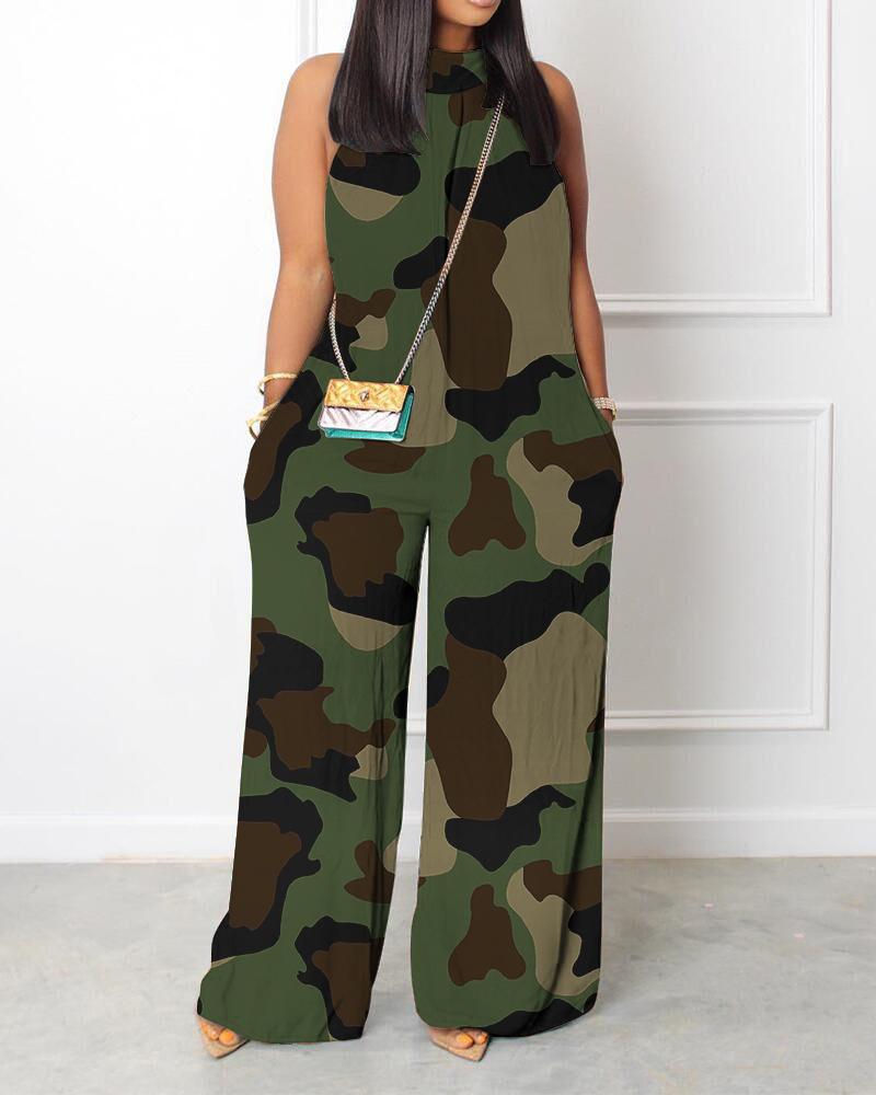 Camouflage Print Sleeveless Wide Leg Jumpsuit