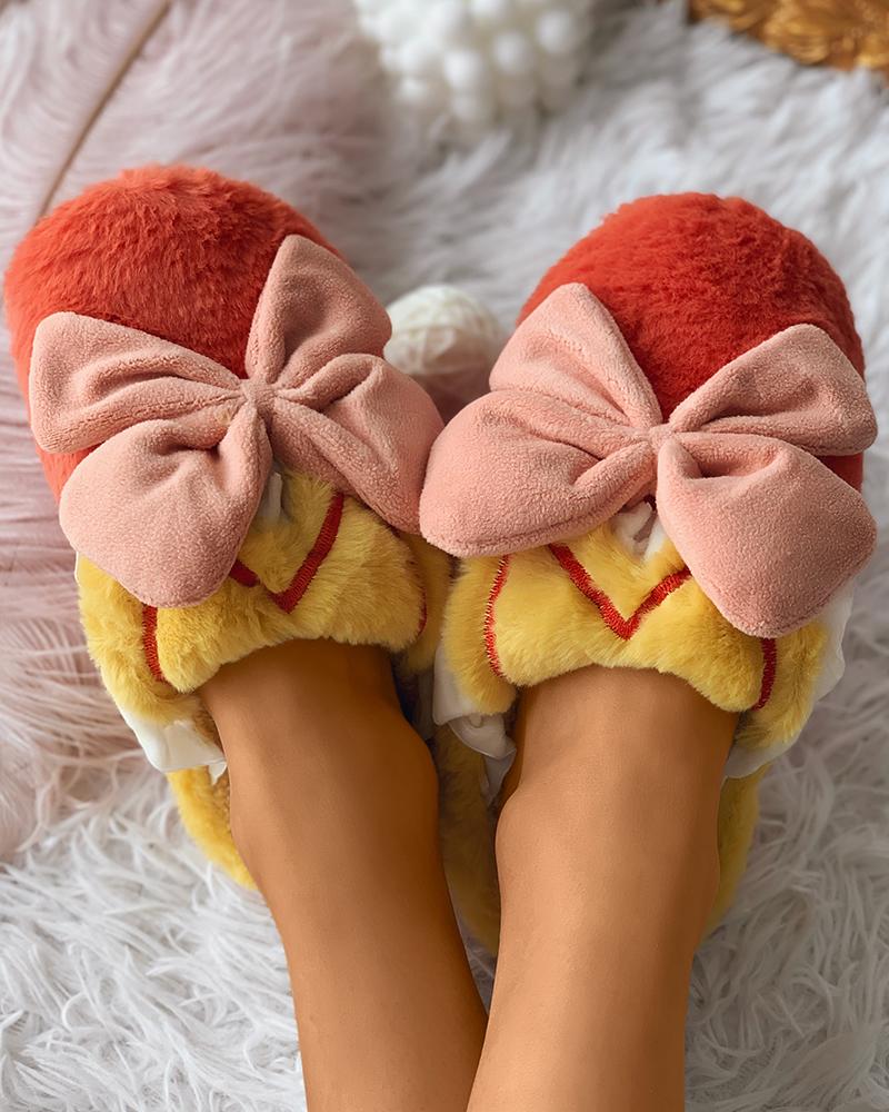 

Fluffy Bowknot Decor Casual Slipper, Pink&orange
