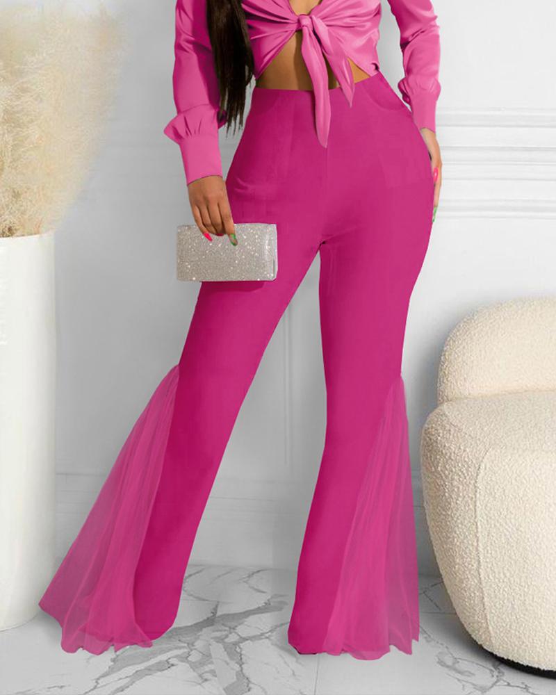 

Contrast Mesh Flared Leg High Waist Pants, Hot pink