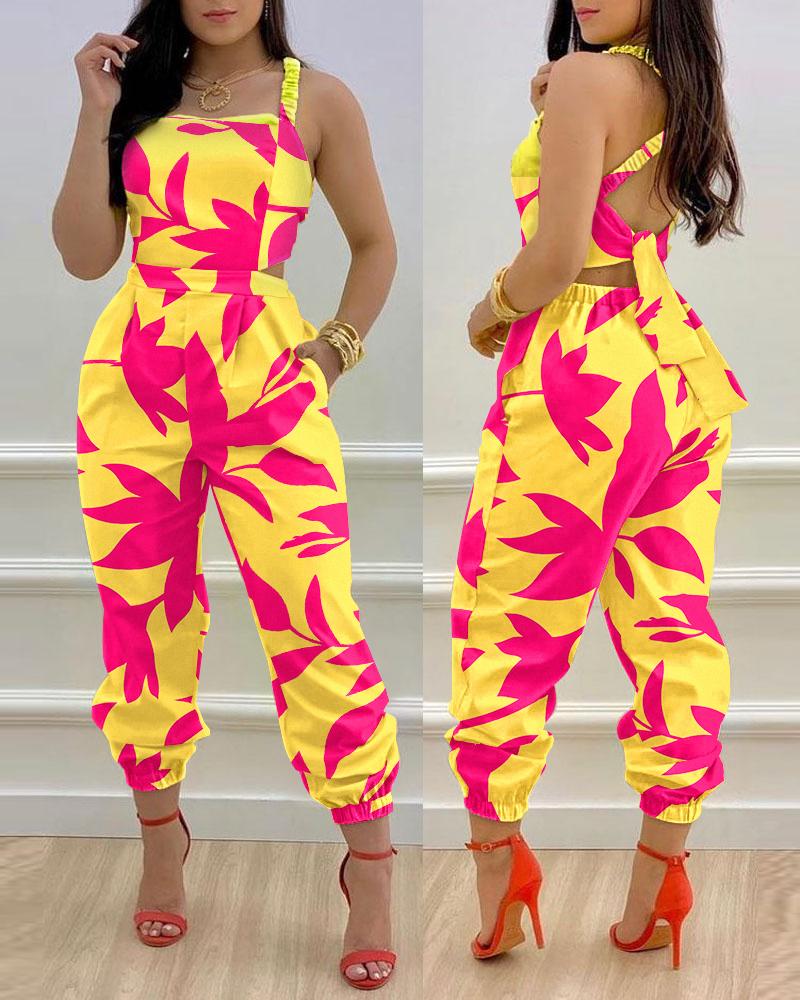 

Plants Print Crisscross Tied Detail Backless Jumpsuit, Multicolor
