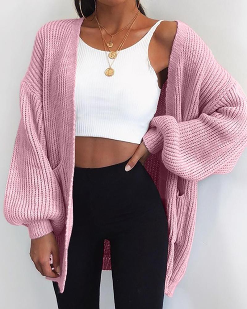 

Long Sleeve Plain Knit Casual Cardigan, Pink